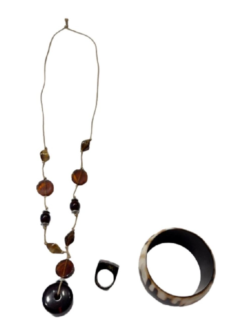 Vintage Faux Ambar Necklace Long Boho Knotted Twine, Elephant Chunky Bracelet